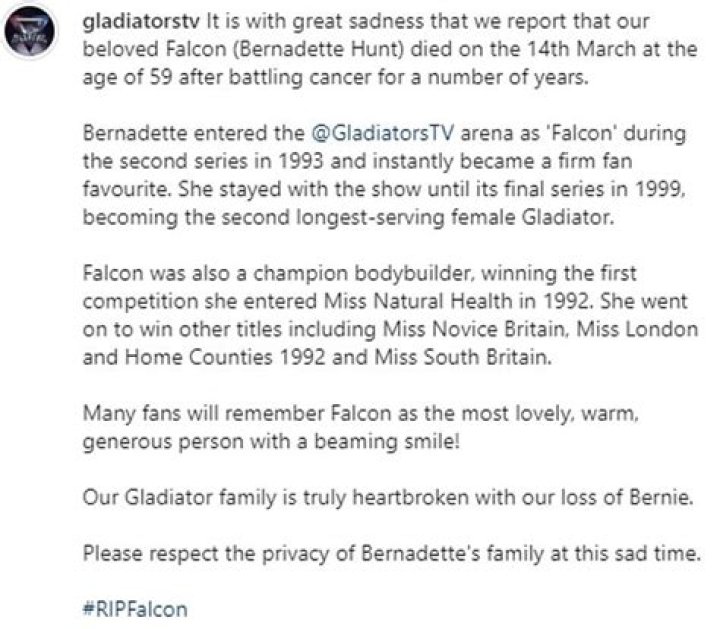 
Gladiator Star Falcon Death And Obituary: Bernadette Hunt Died Battling With Cancer 