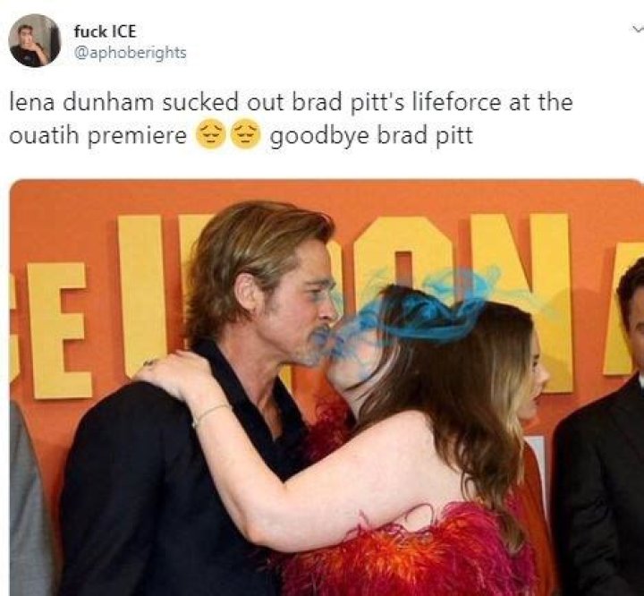 These photos of Lena Dunham awkwardly kissing Brad Pitt are really funny