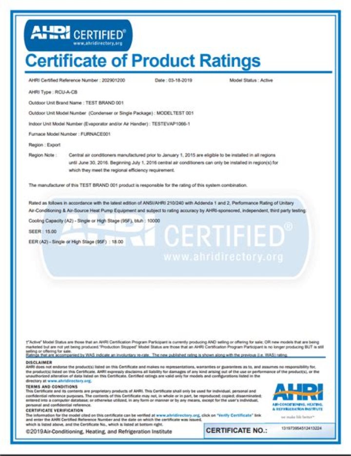 What is the AHRI certificate?