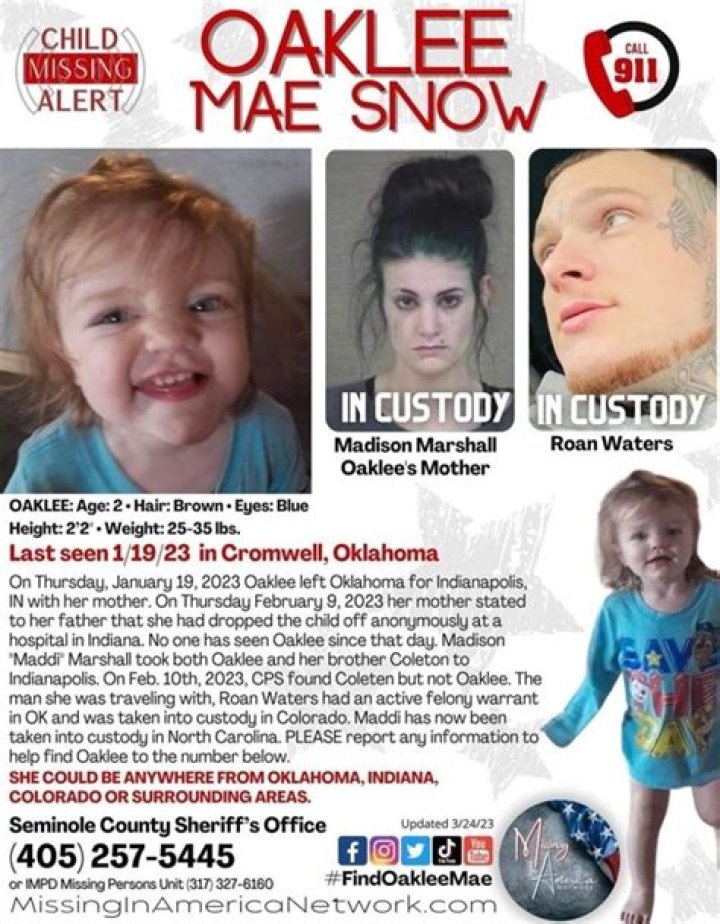 Where was Oaklee Mae Snow found? Mother of missing toddler arrested over horrific death